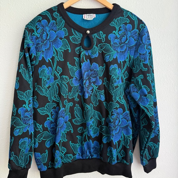 Vintage Cricket Lane Floral Knit Sweater Oversized Womens Black Blue Green - Picture 1 of 7